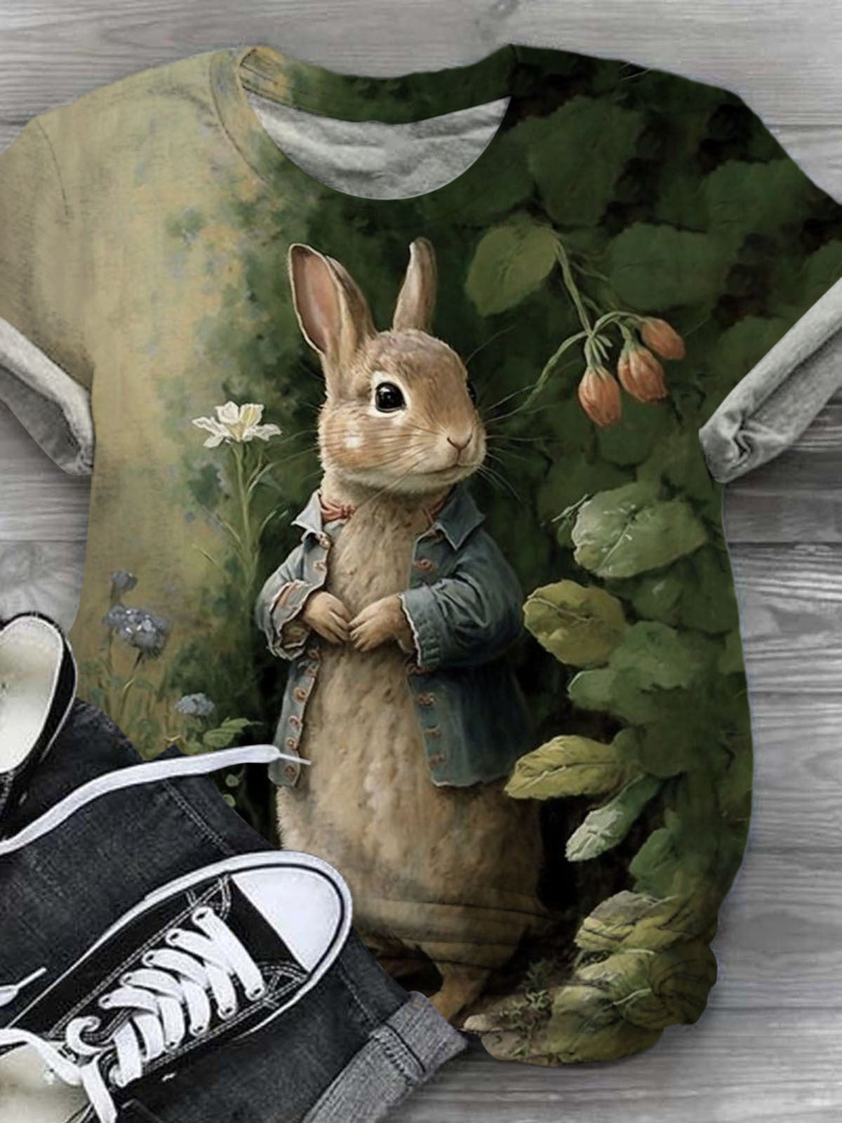 Women's Retro Rabbit Print Crew Neck T-Shirt – Wonder closets