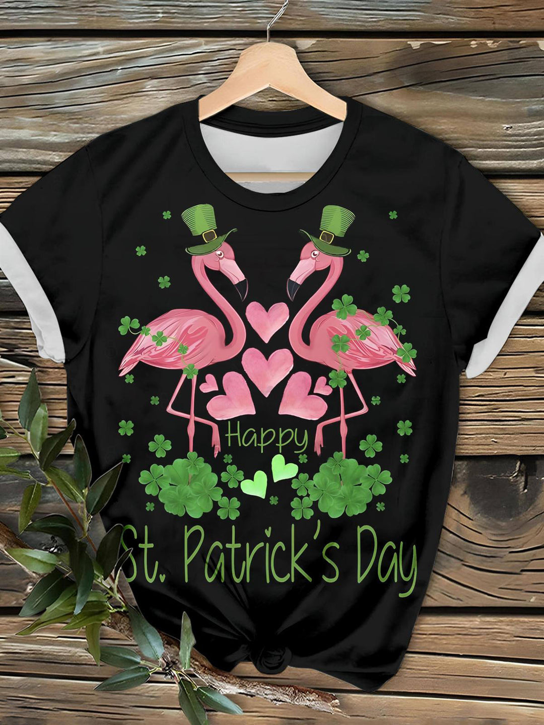 St. Patrick's Day Flamingo Print Crew Neck T-shirt