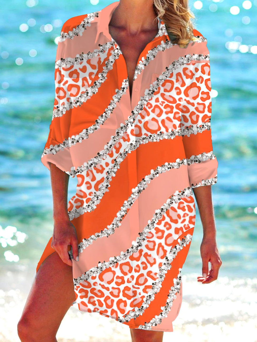 Contrast Striped Print Long Sleeve Beach Shirt Dress