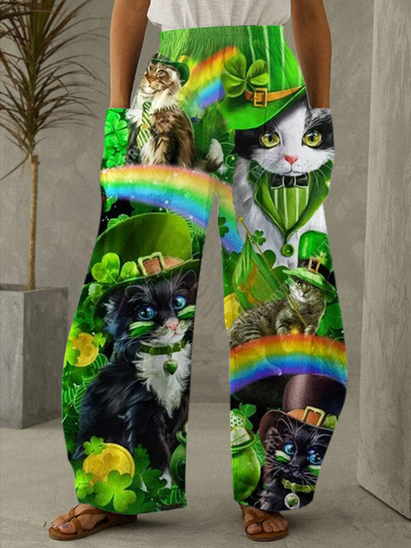 Women's St. Patrick's Cat Print Casual Pants