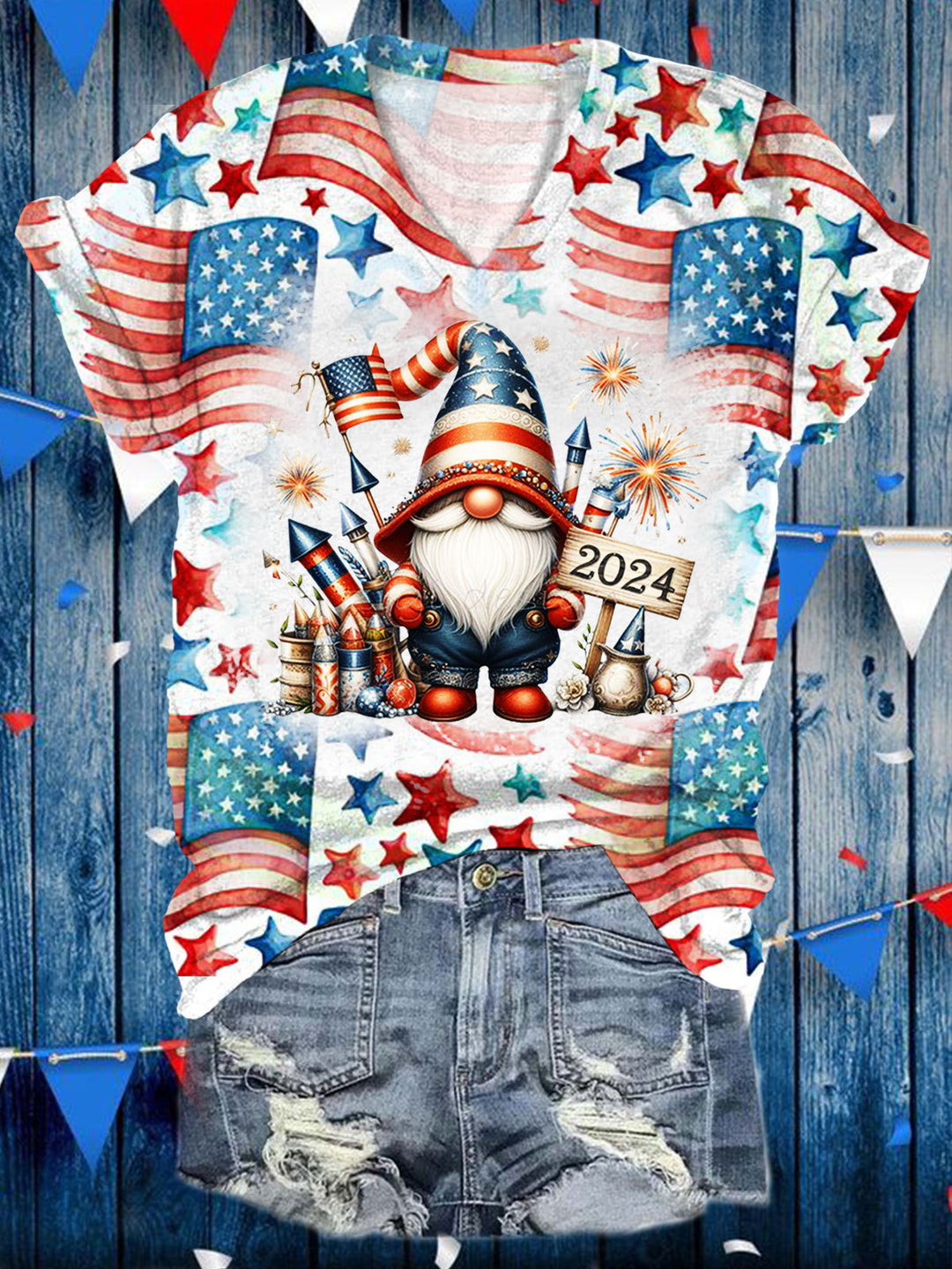 2024 American Flag Gnome Print Casual T-Shirt