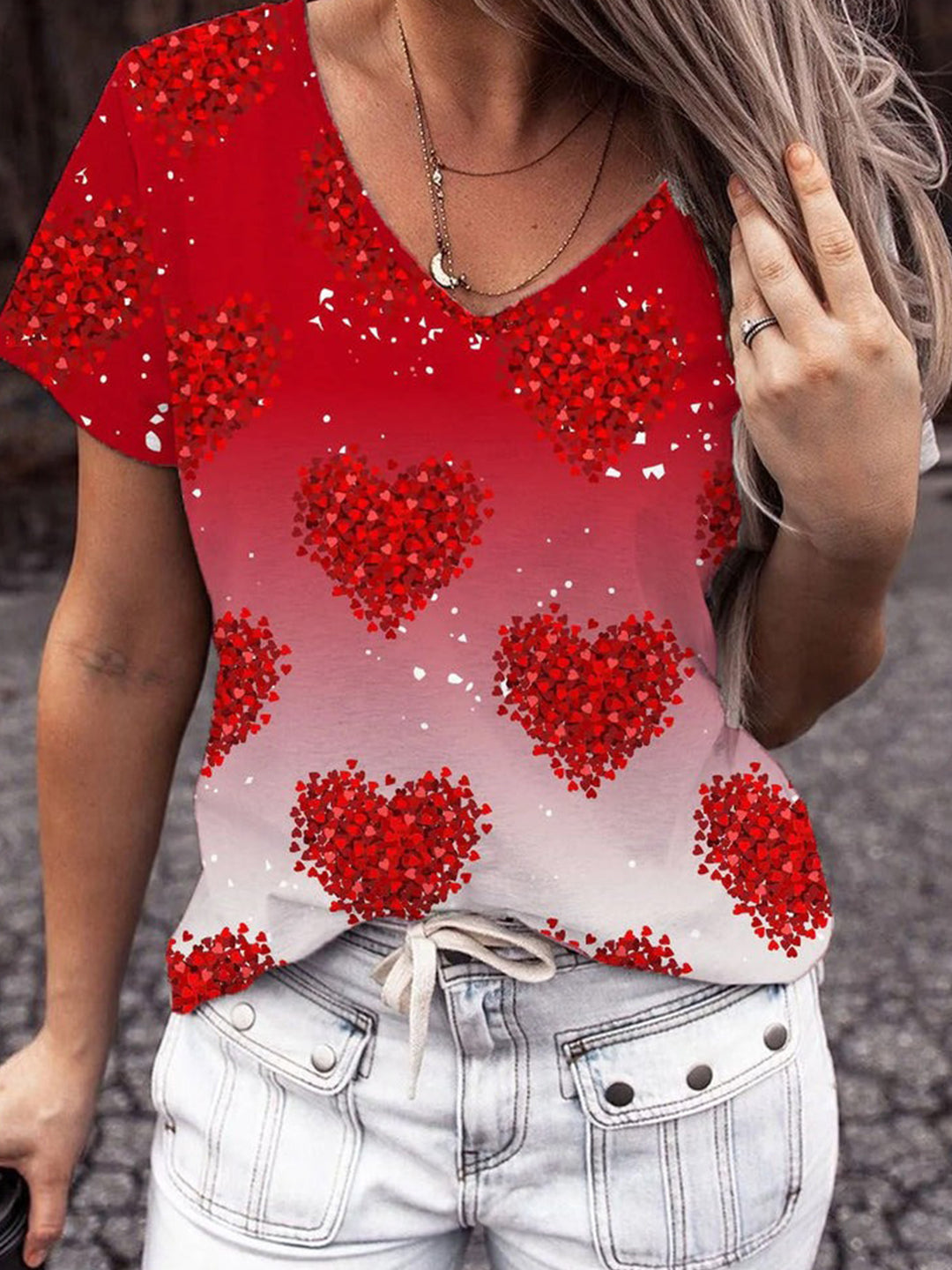 Valentine's Day Gradient Heart Glitter V-Neck Short Sleeve T-Shirt