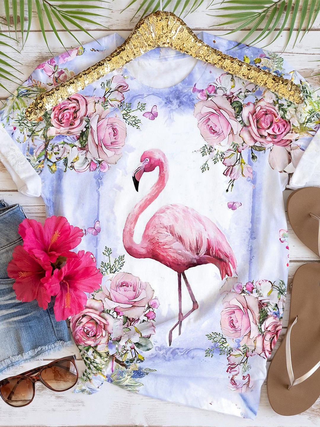 Flower Flamingo Print Crew Neck T-shirt