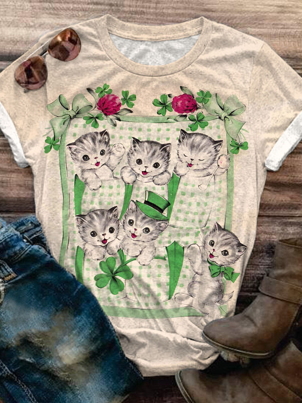 St. Patrick's Day Cat Print Crew Neck T-shirt