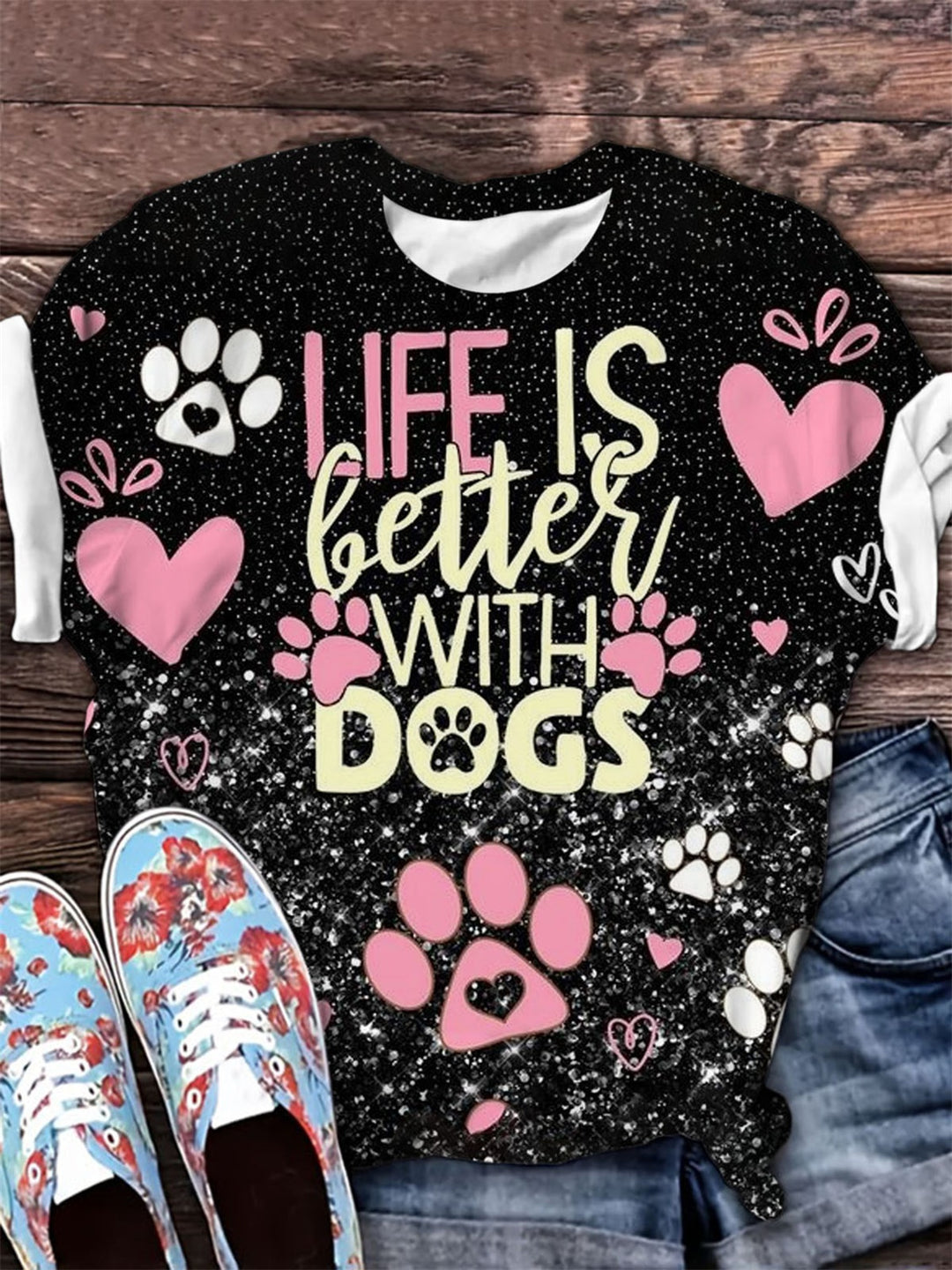 Life Is Better With Dogs Print Crew Neck T-Shirt