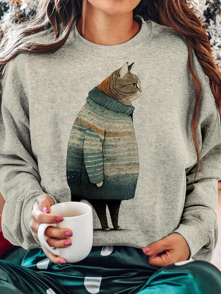 Women's Winter Cat Print Long Sleeve Top