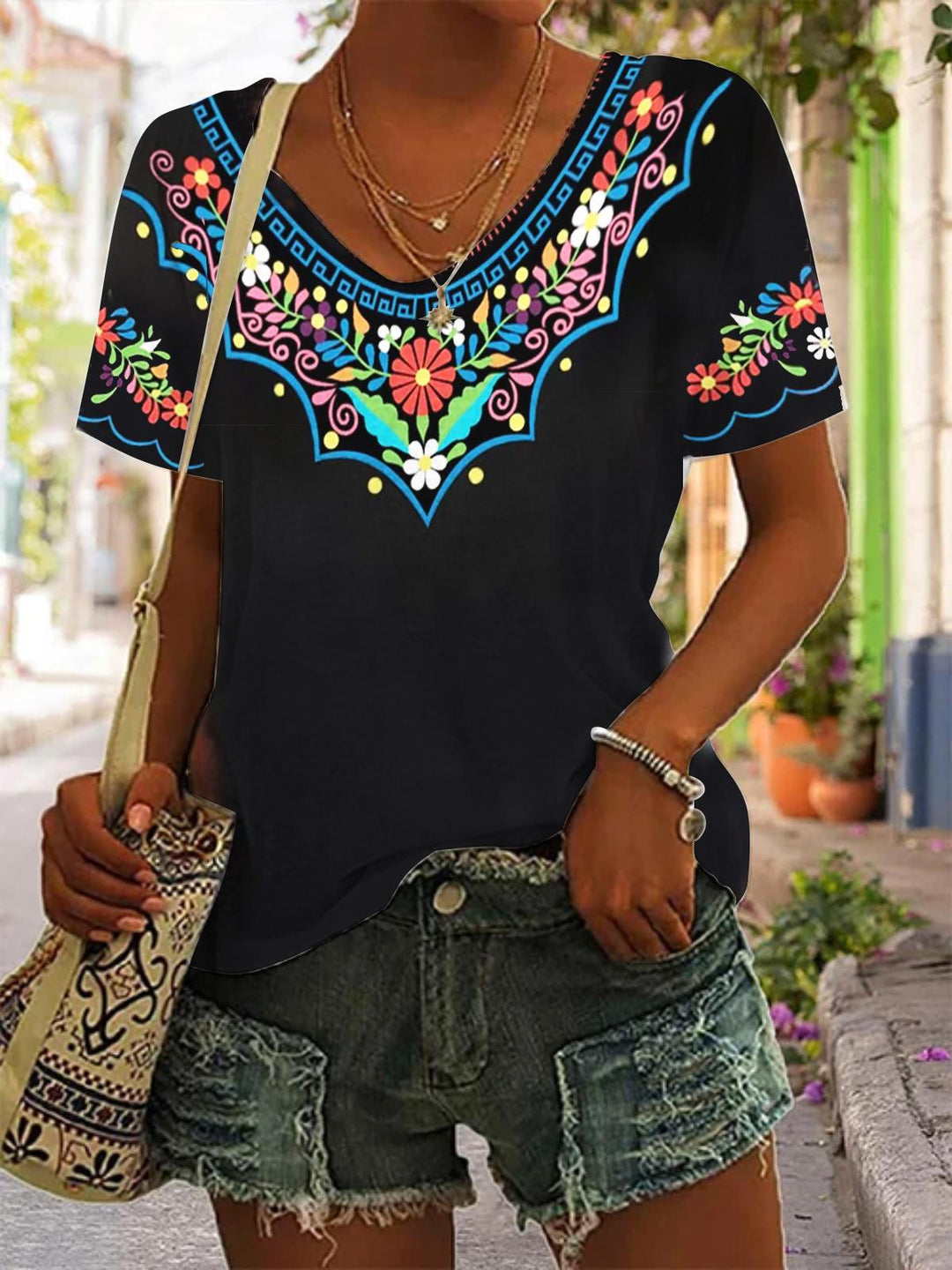 Women's V Neck Floral Print Casual Top