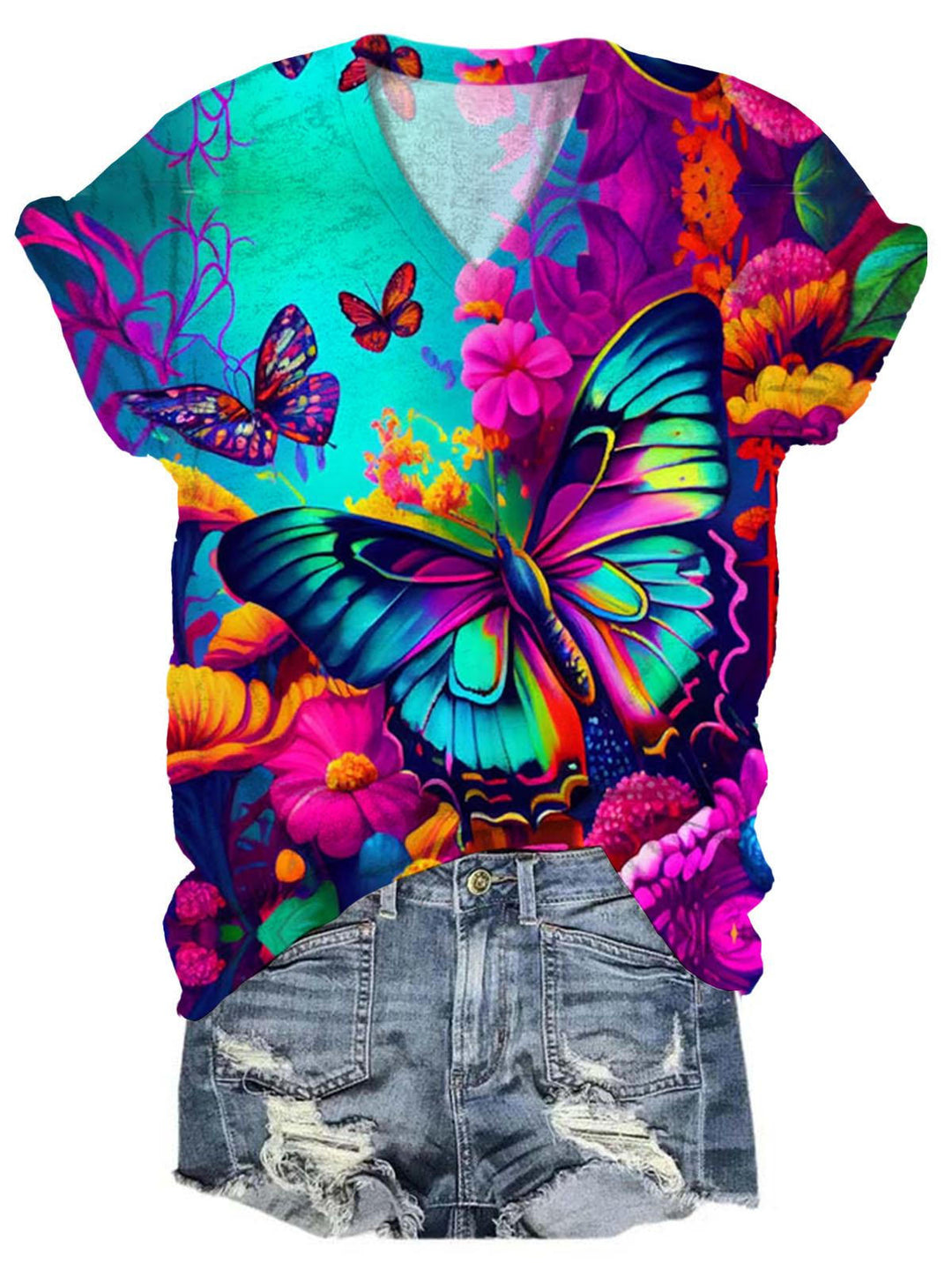 Women's V-neck Colorful Butterfly Print Top