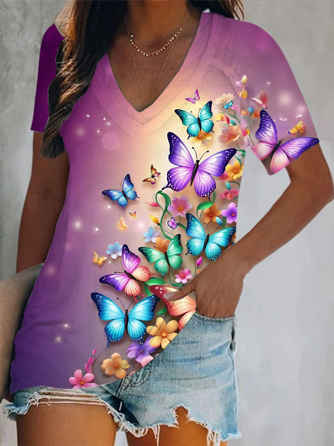 Butterflies Flower Print Short Sleeve V Neck Top