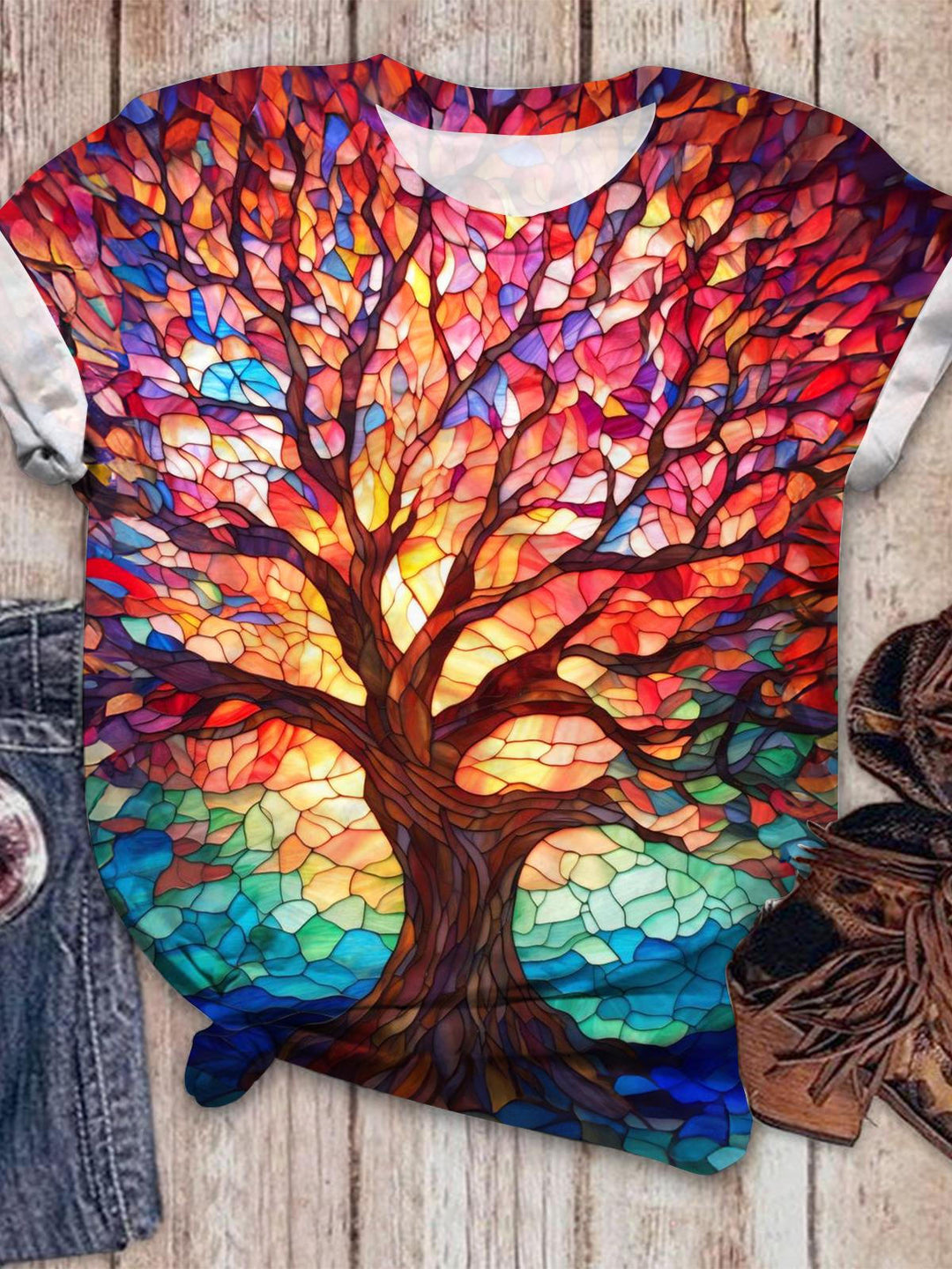 Stained Glass Tree Art Crew Neck T-shirt