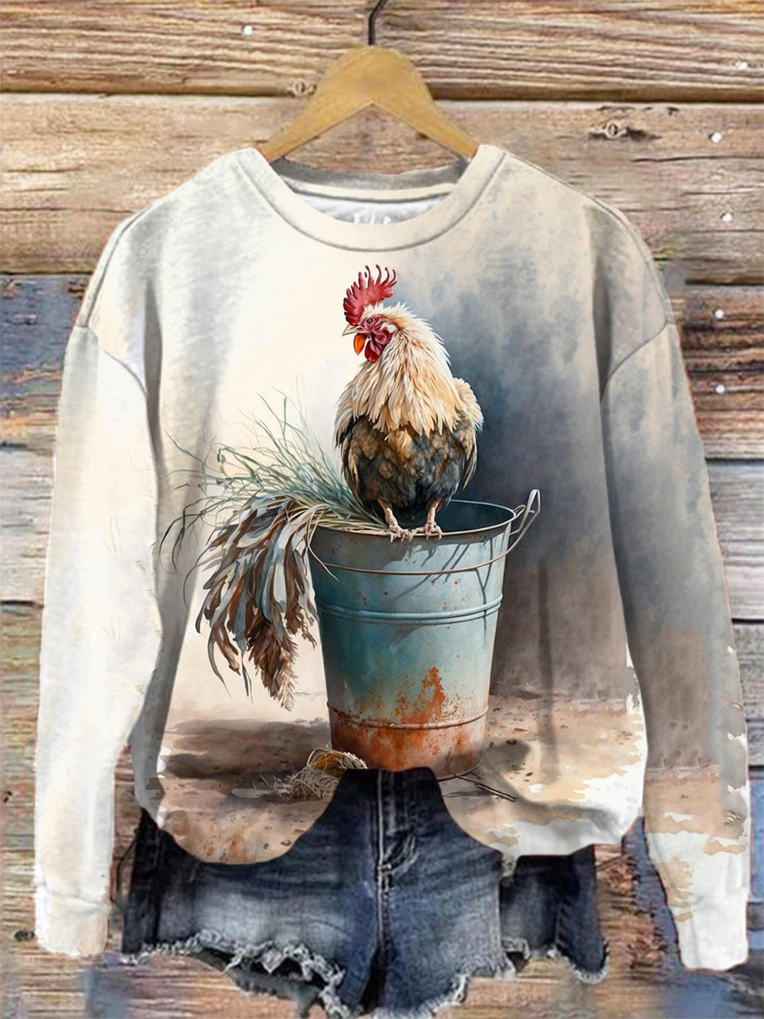 Rooster Print Long Sleeve Top