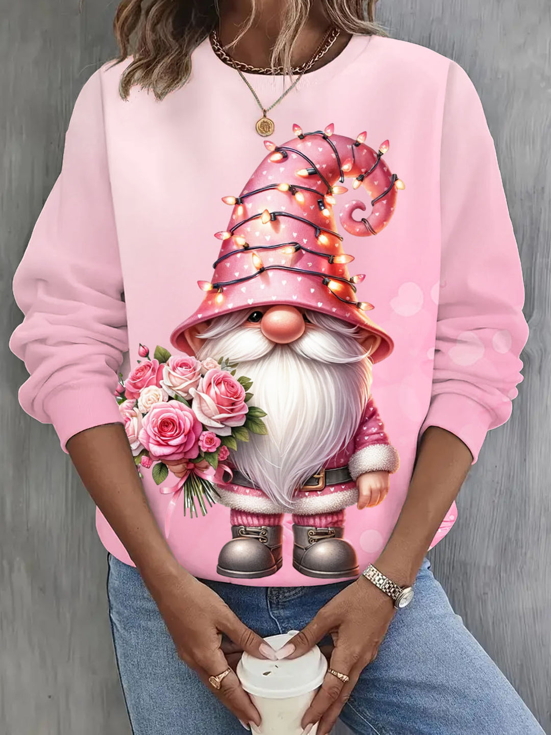 Pink Valentine's Day Gnome Round Neck Long Sleeve Top