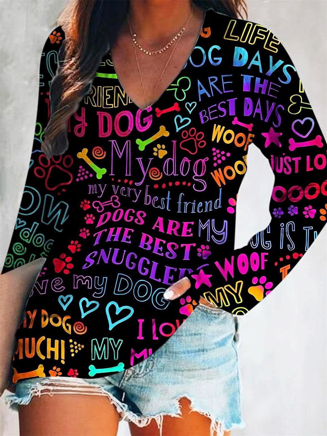 Dog Colorful Funny Words Print Long Sleeve T-Shirt