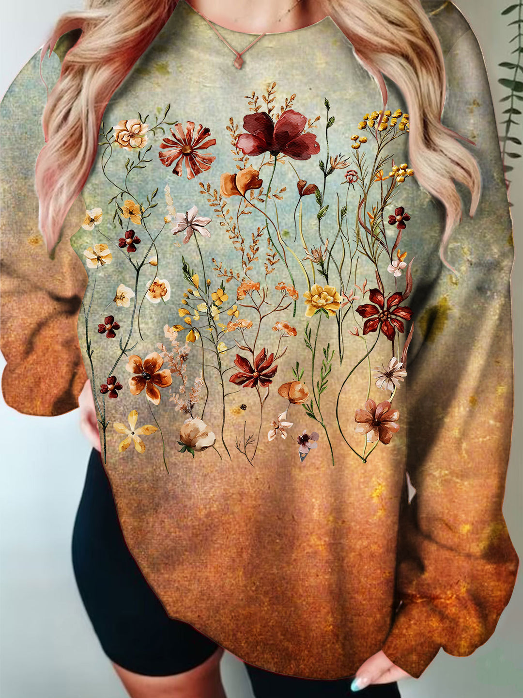 Retro Gradient Floral Print Long Sleeve Top