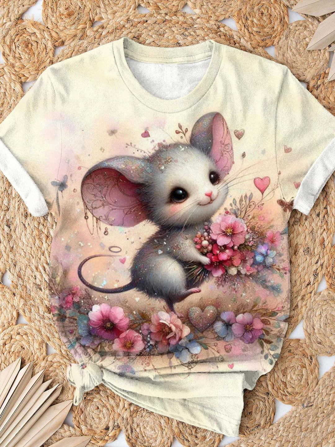 Cute Floral Mouse Print Crew Neck T-shirt