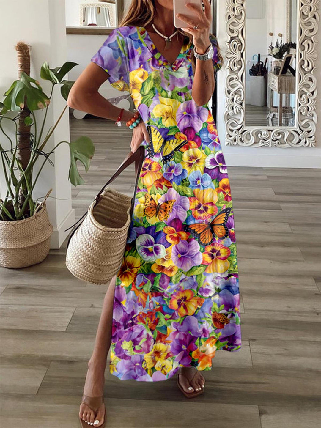 Butterfly Morning Glory Print V Neck Maxi Dress