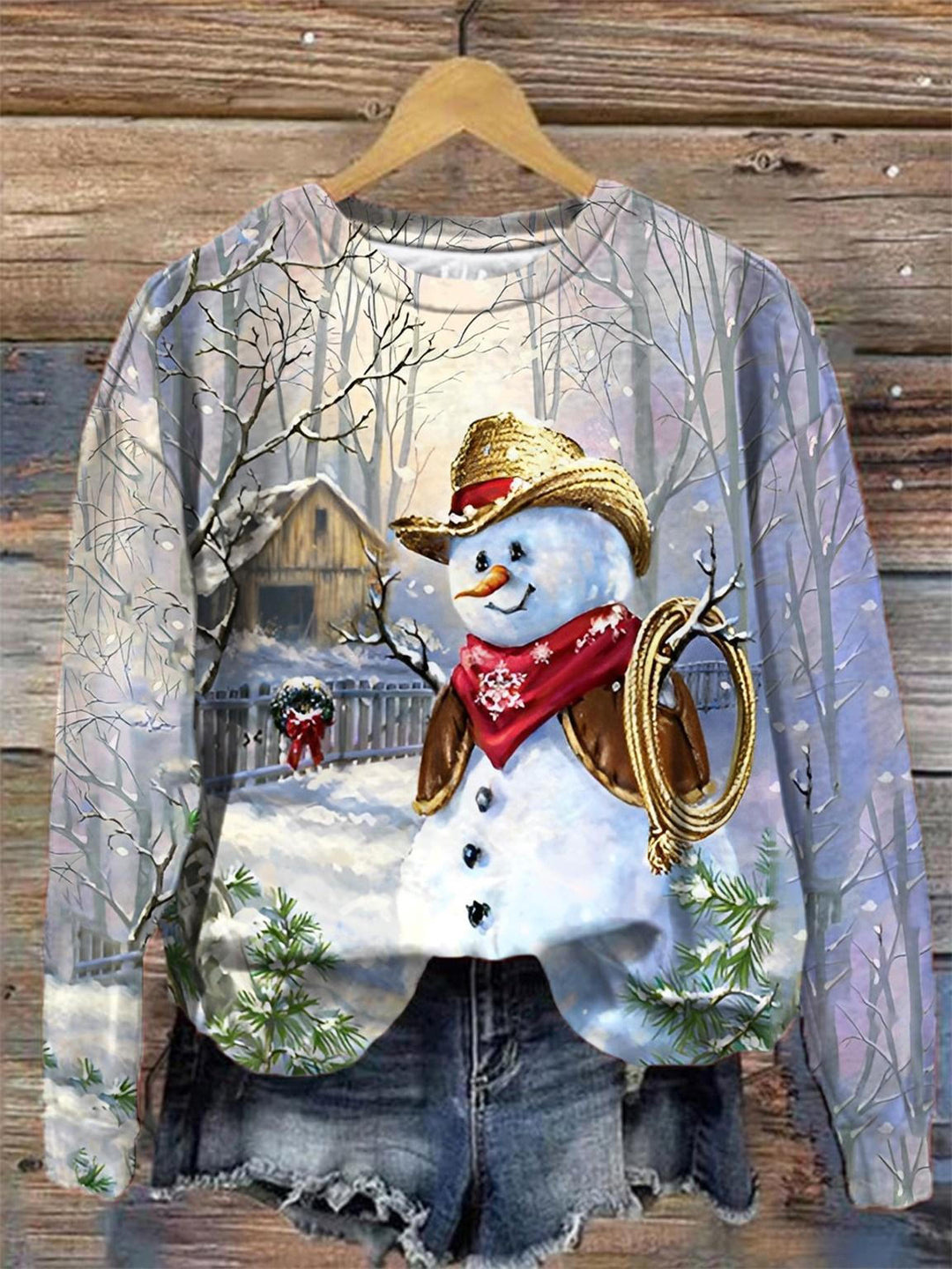 Western Cowboy Snowman Print Round Neck Top