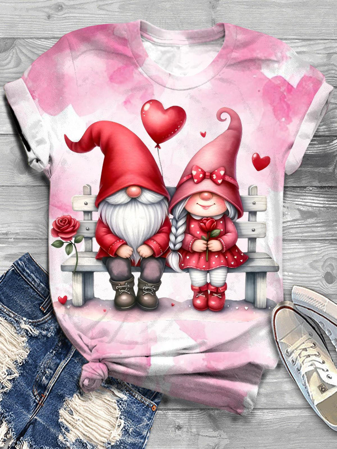 Valentines Gnome Couple Print Crew Neck T-shirt