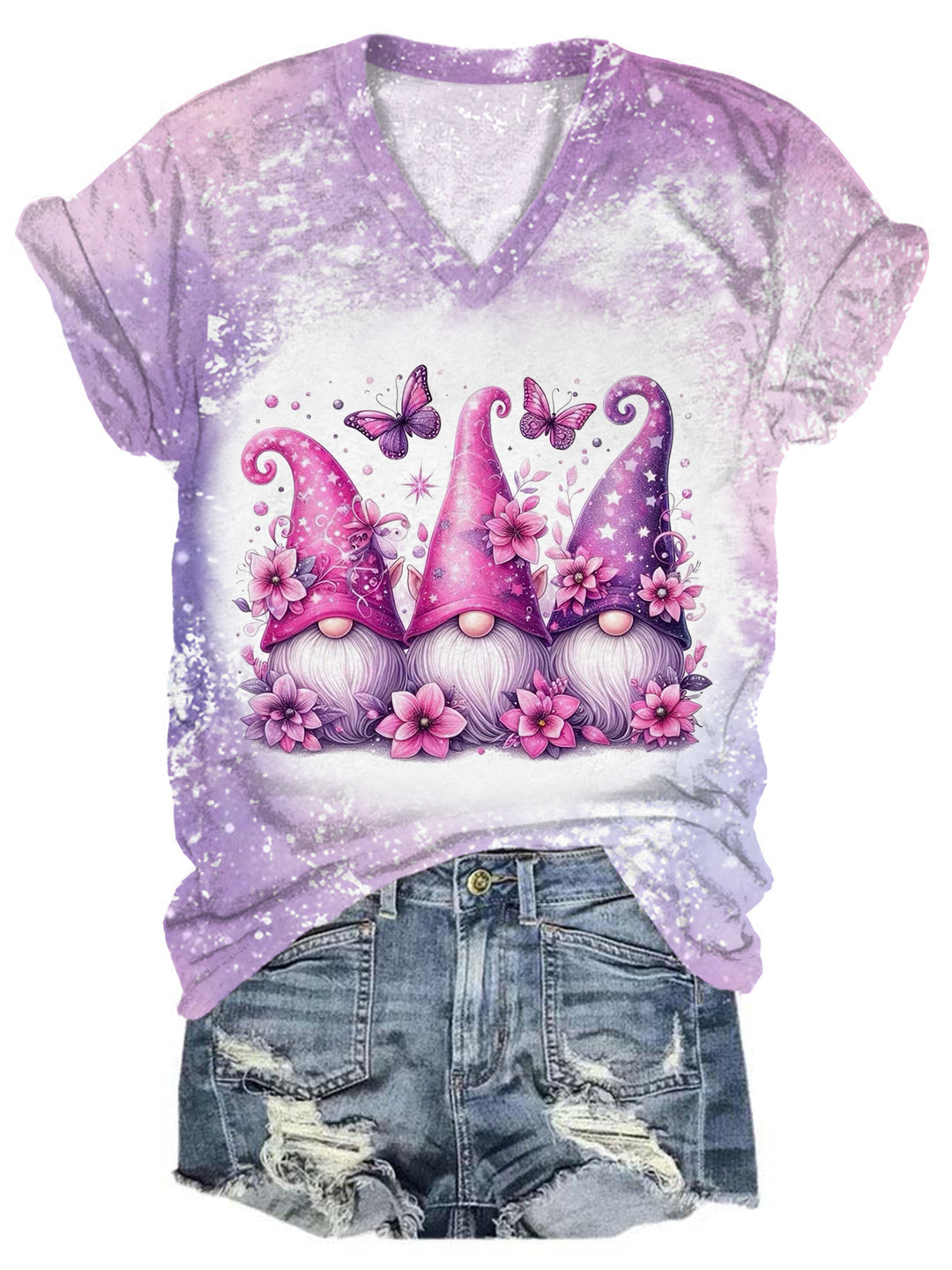 Purple Flower Gnome V-Neck Tie Dye T-Shirt