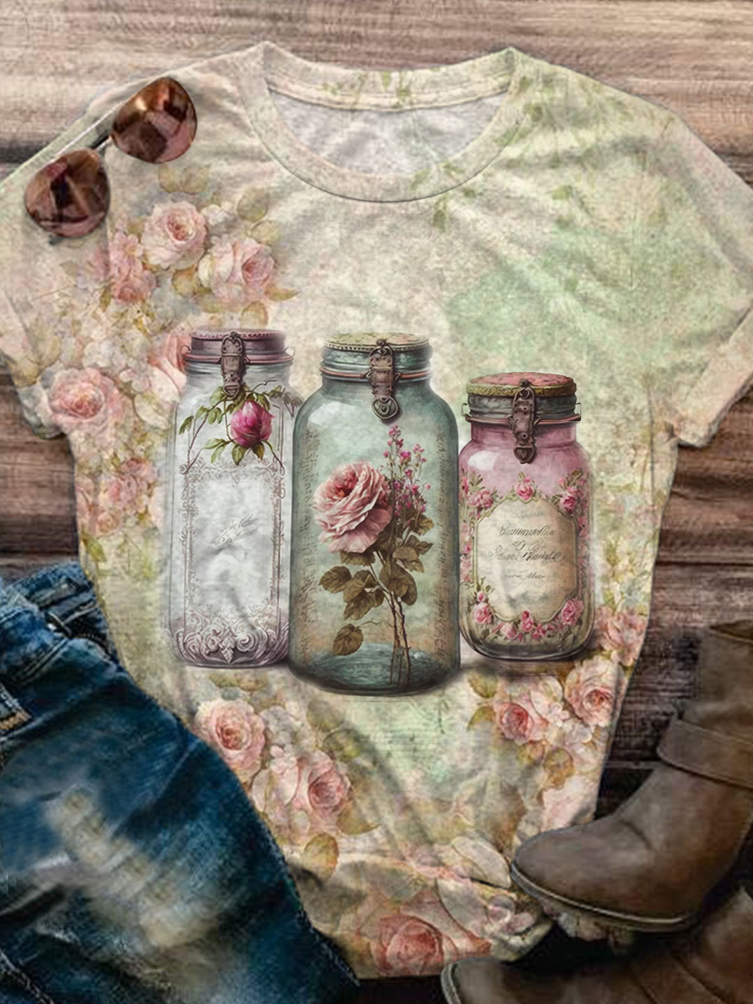 Women's Retro Glass Jar Print Casual Top