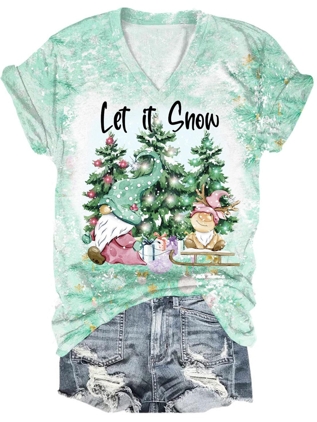 Let It Snow Winter Gnome Print V-Neck Tee