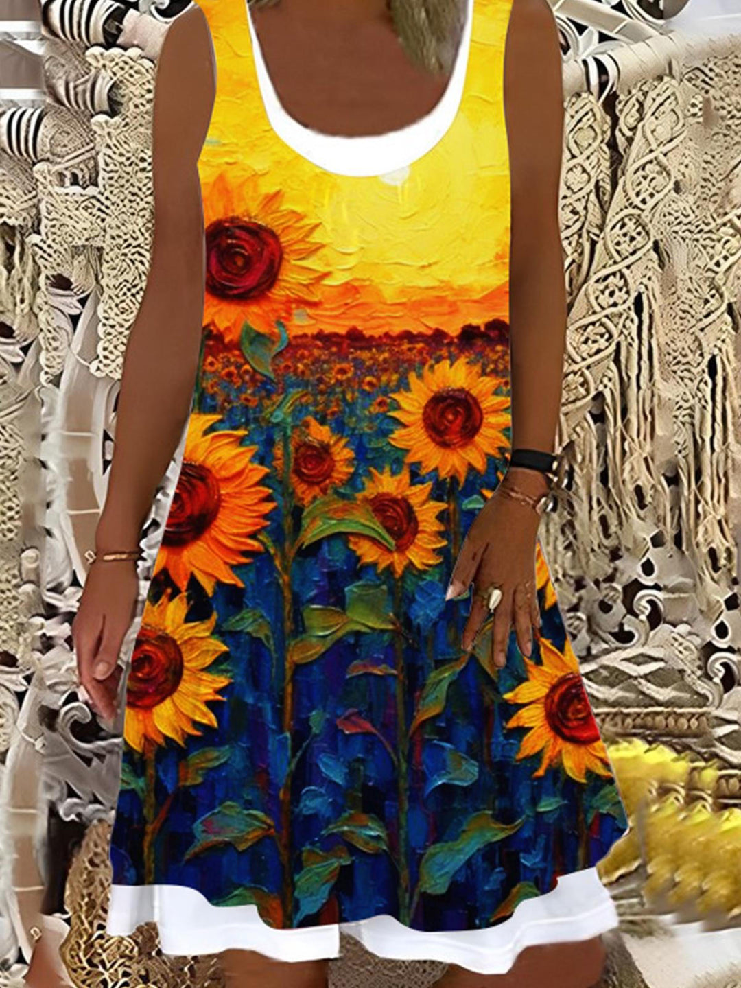 Women's Sunflower Print Casual False Two Dress