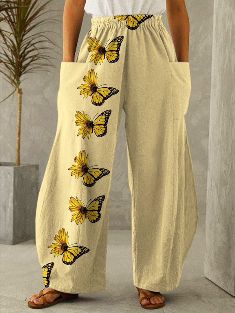 Butterfly and Sunflower Print Casual Pants
