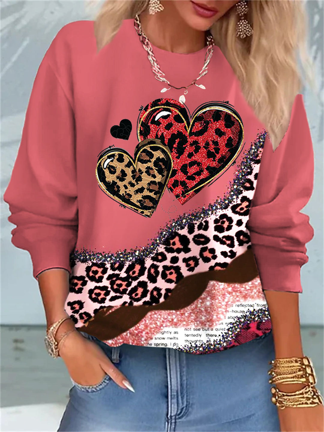 Hearts Leopard Print Round Neck Long Sleeve Top