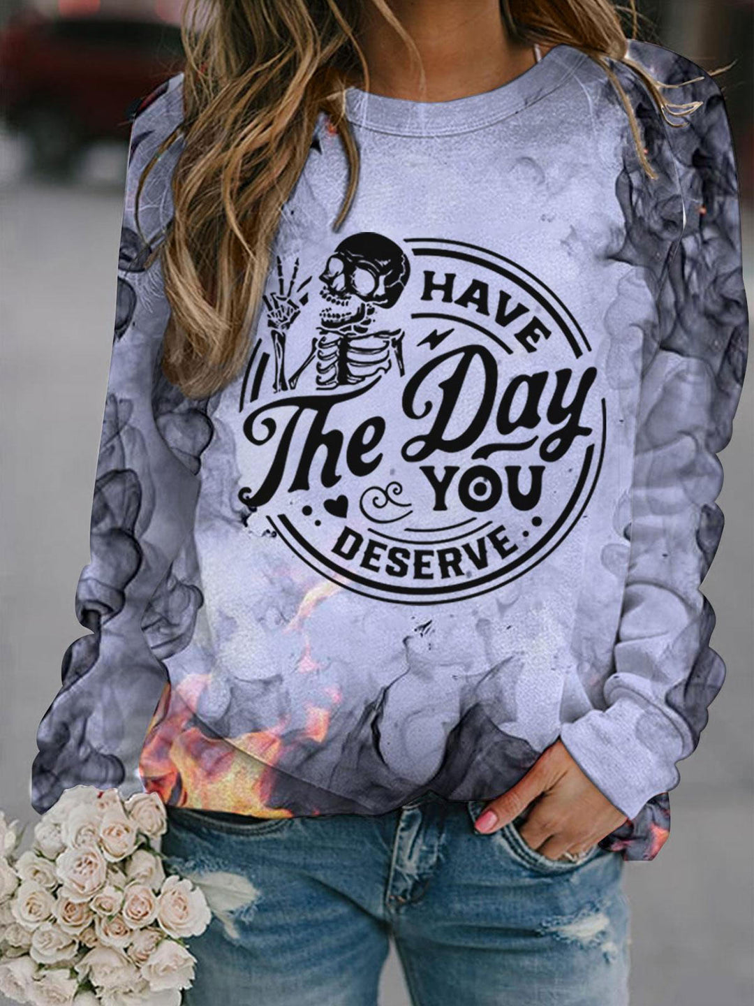 SKULL HAVE THE DAY YOU DESERVE Printed Crew Neck Top