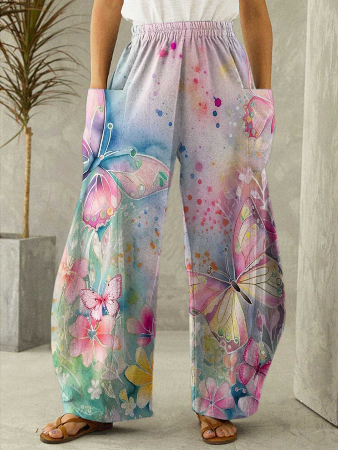 Watercolor Butterfly Print Casual Pants