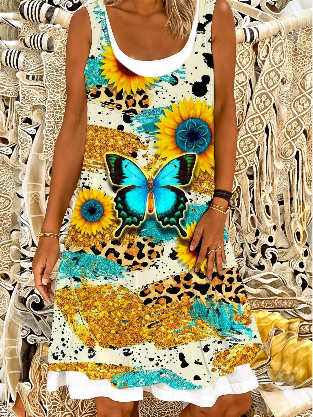 Sunflower Blue Butterfly Ladies False Two Dress