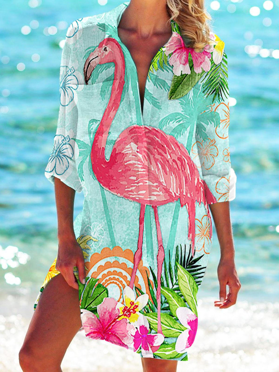 Flamingo Print Beach Shirt Dress
