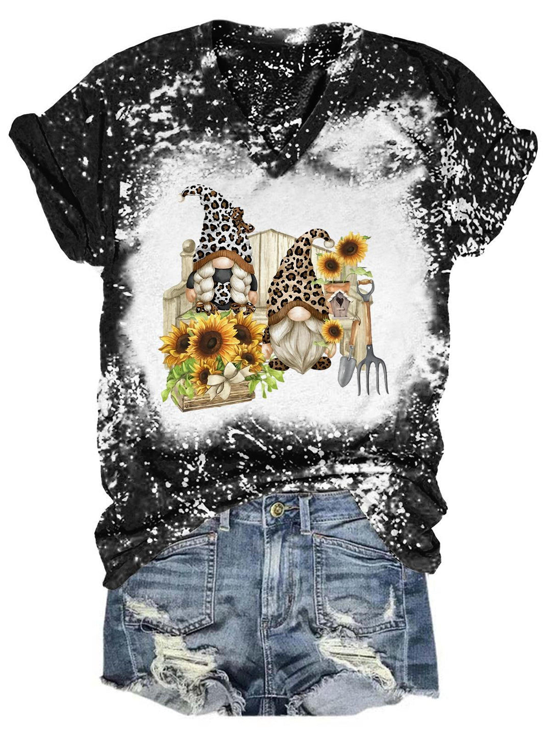 Sunflower Leopard Gnome Tie Dye V Neck Casual T-Shirt