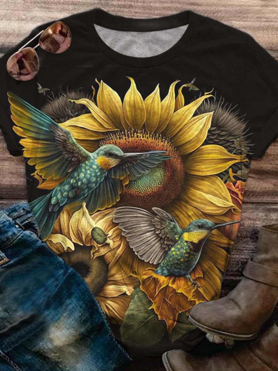 Women's Sunflower Hummingbird Print Top