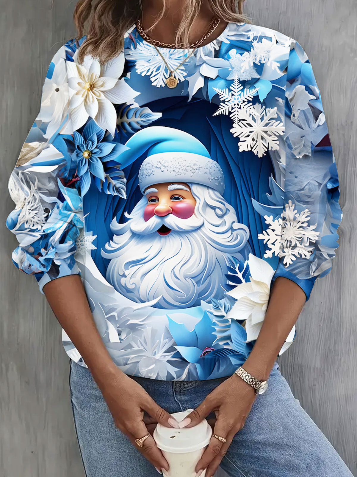 Women's Blue Santa Print Casual Top – Wonder closets
