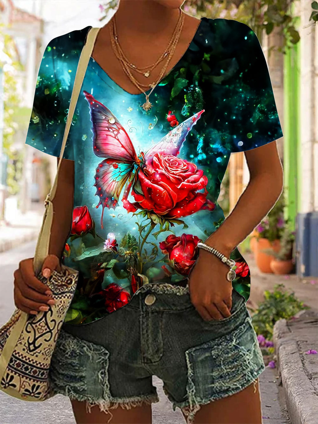 Women's Butterfly Floral Print V-Neck Top