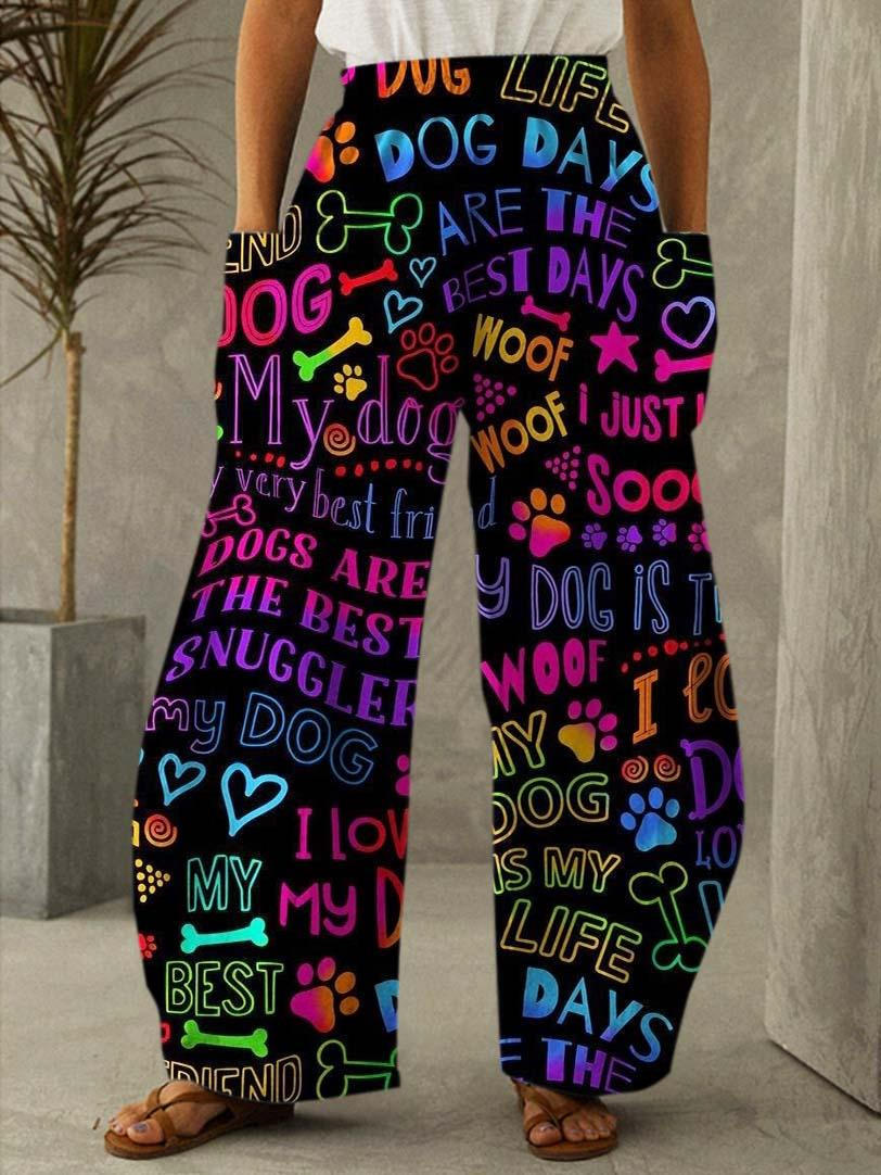 Dog Lover Print Pocket Trousers