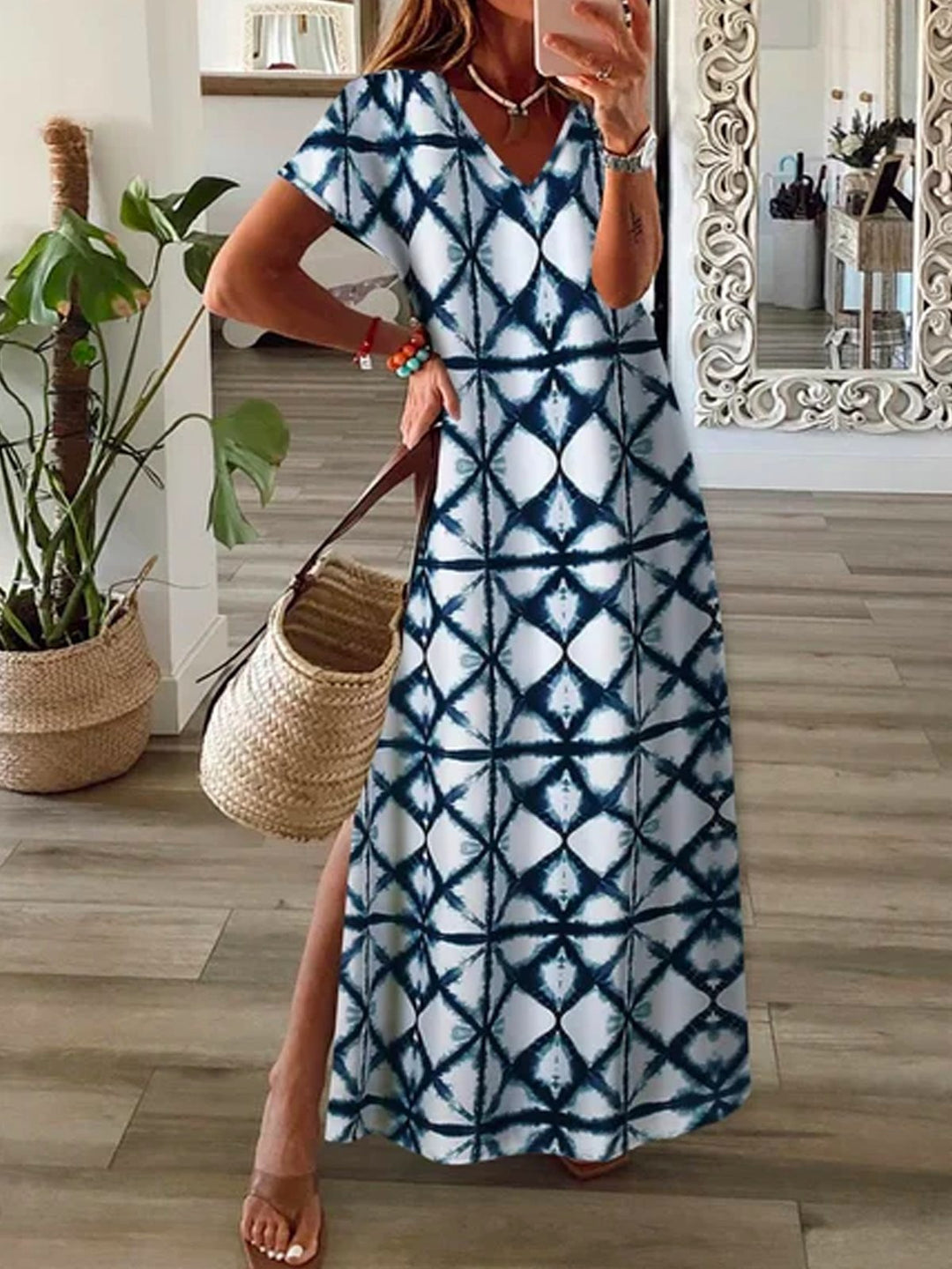 Casual Geometric Print Short Sleeve V Neck Maxi Dress