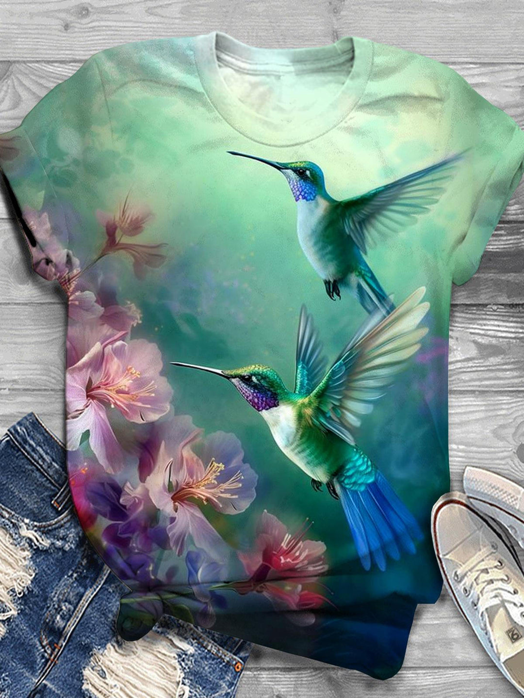 Hummingbird Bird Flower Crew Neck T-Shirt