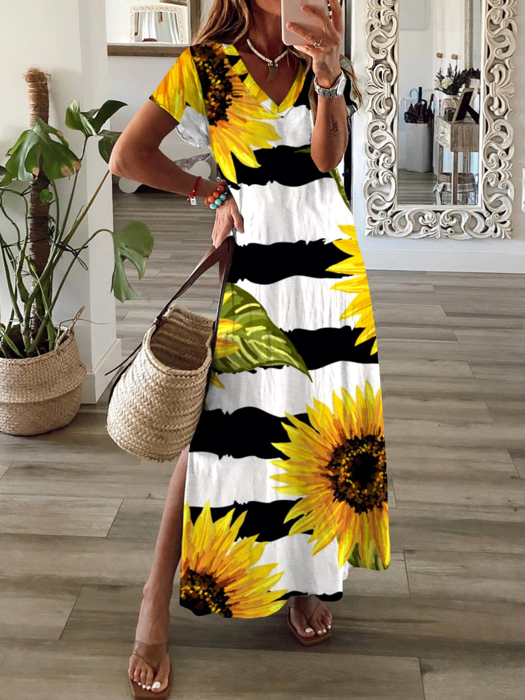 Sunflower Short Sleeve V Neck Maxi Dress