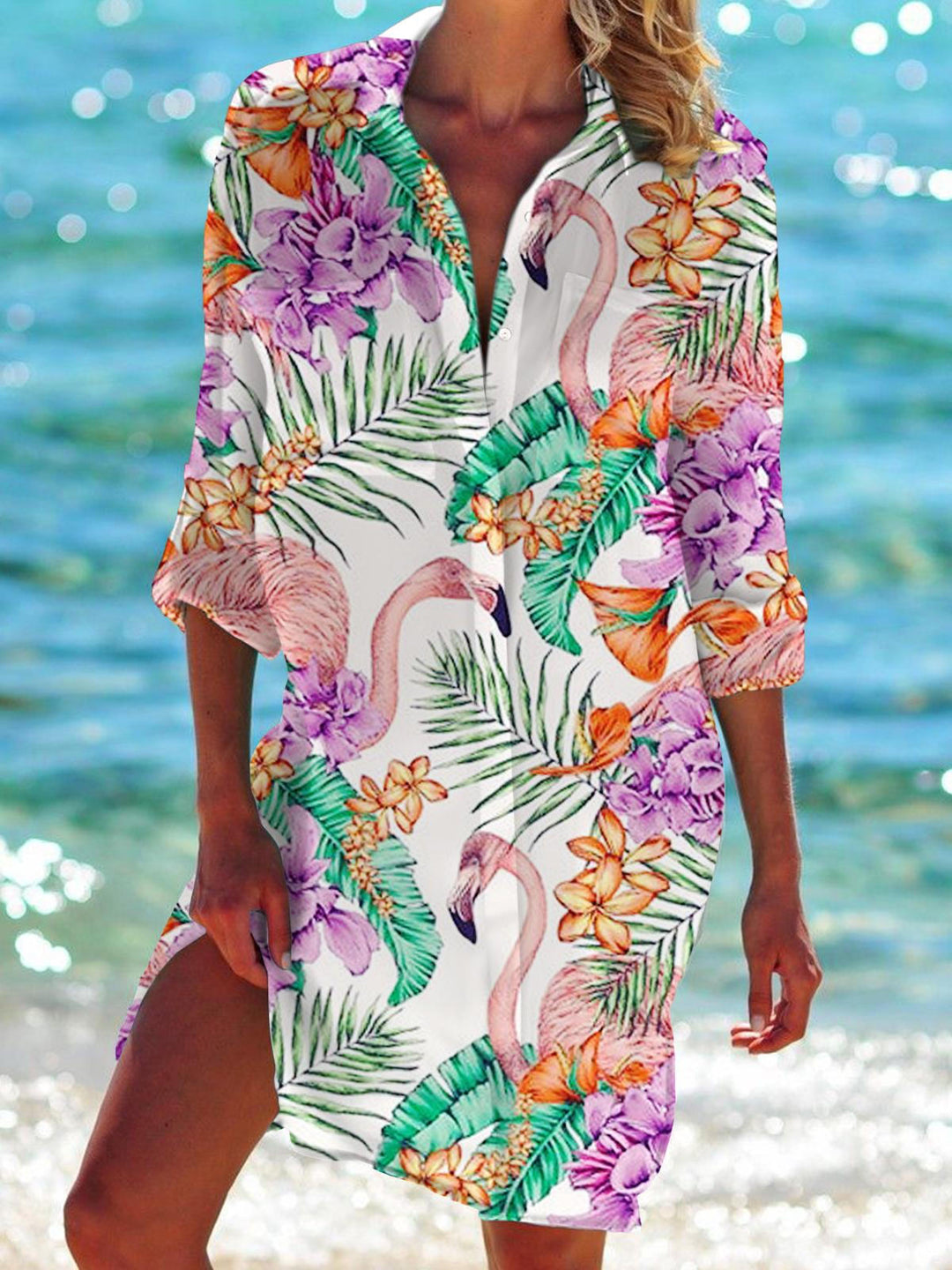 Flamingo Long Sleeve Beach Shirt Dress