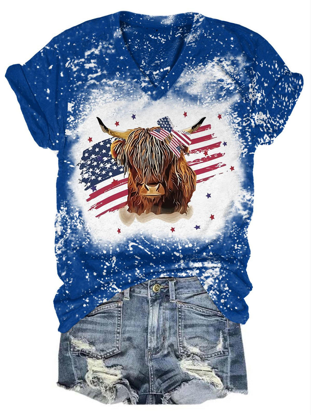 America Fag Highland Cow Print Tie Dye V Neck T-Shirt