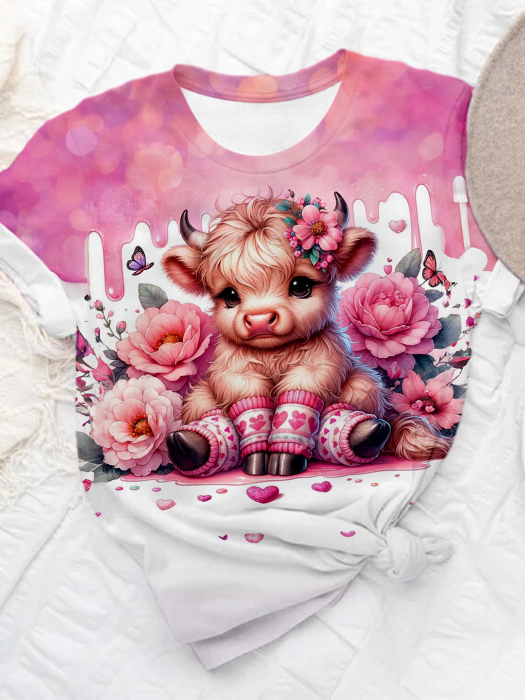 Pink Floral Baby Highland Cow Crew Neck T-shirt