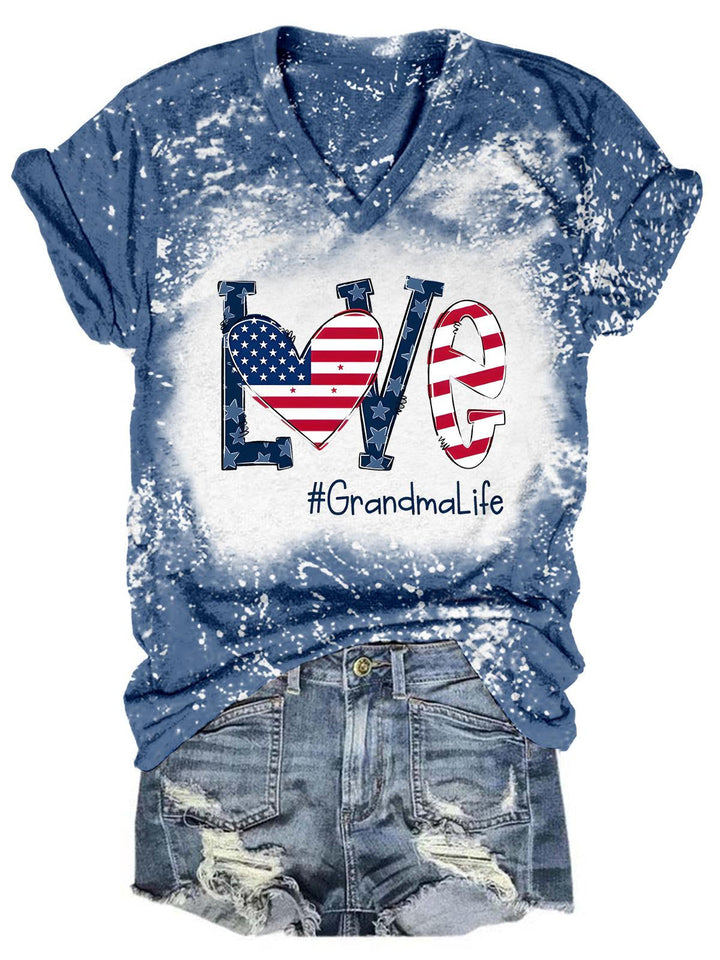 LOVE #Grandma Life Flag Print Tie Dye V Neck T-Shirt