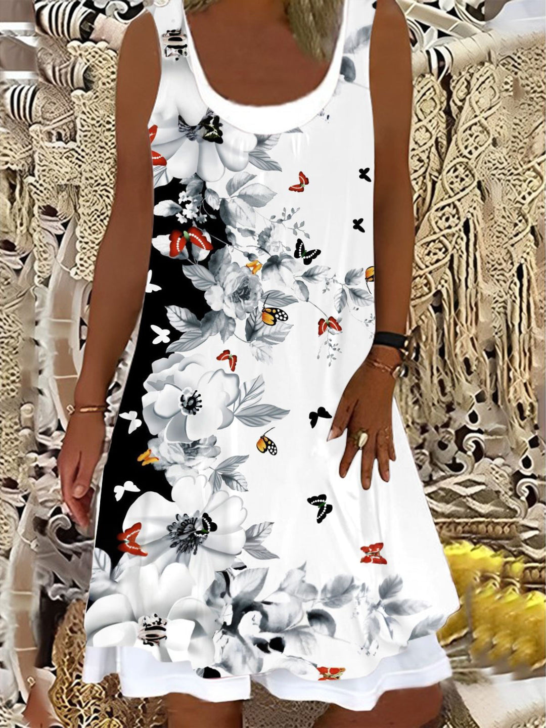 Ladies Floral Butterfly Print False Two Dress