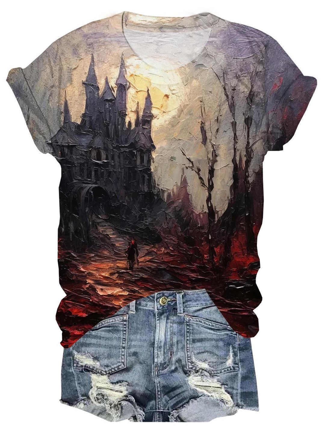 Halloween Castle Print Round Neck Short Sleeve T-Shirt