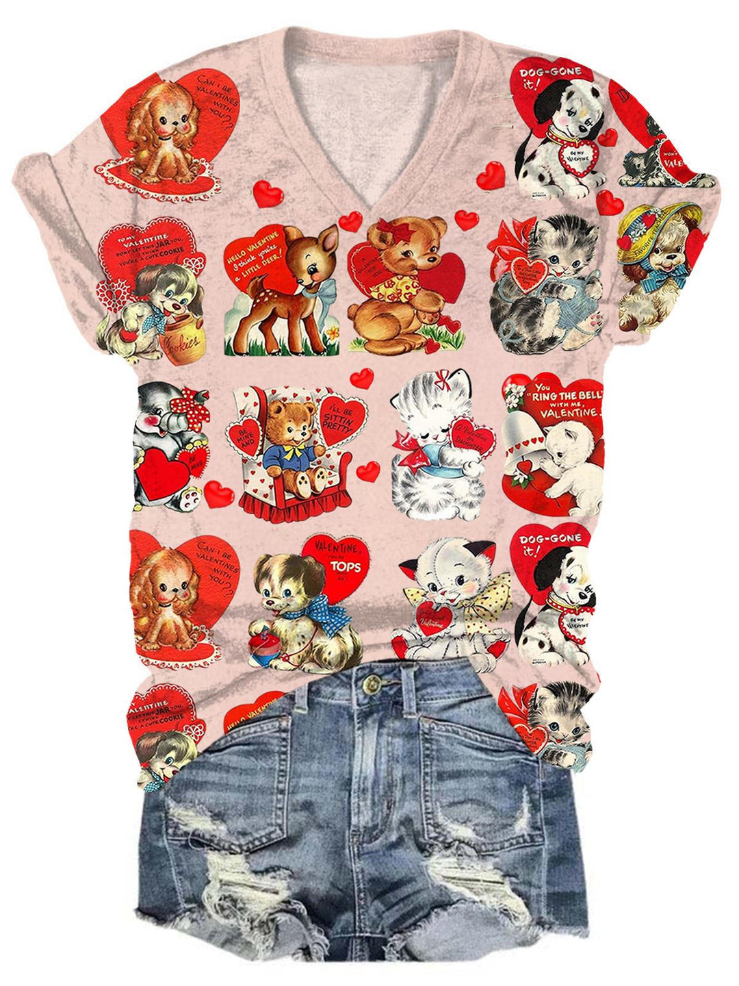 Vintage Valentine Animals V-Neck T-Shirt