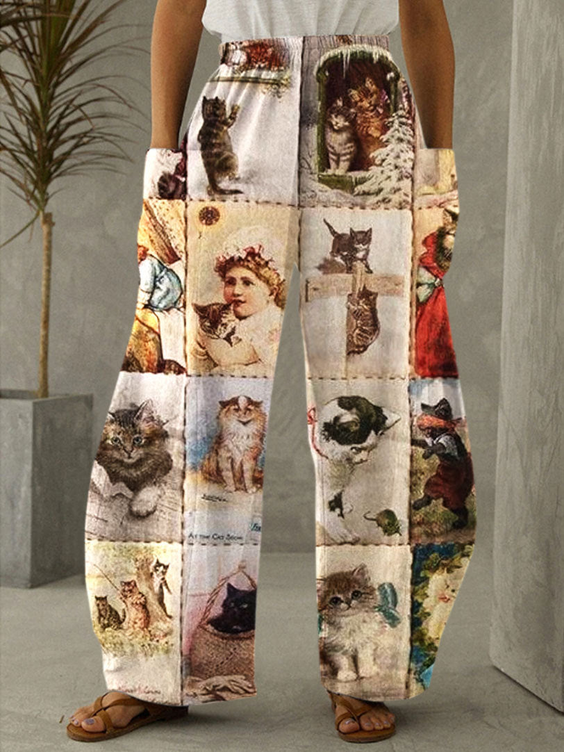 Cat Lovers Victorian Style Print Casual Pants
