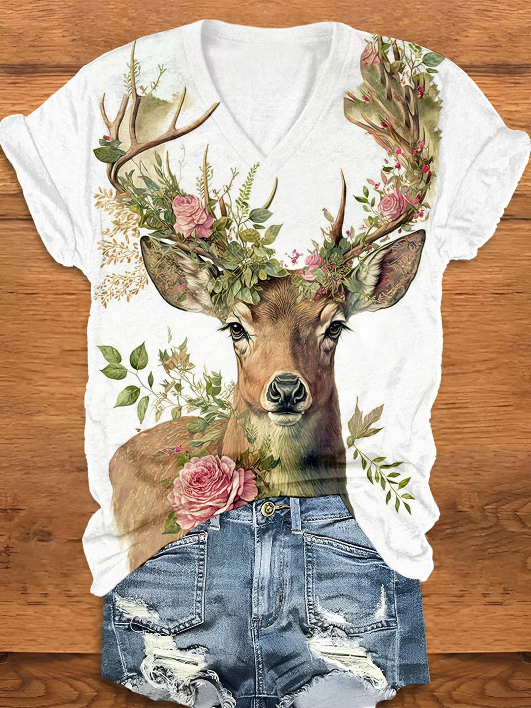 Floral Reindeer V-Neck T-Shirt