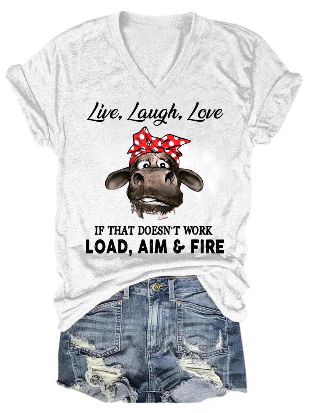 Live Laugh Love Cow Print V-Neck T-Shirt